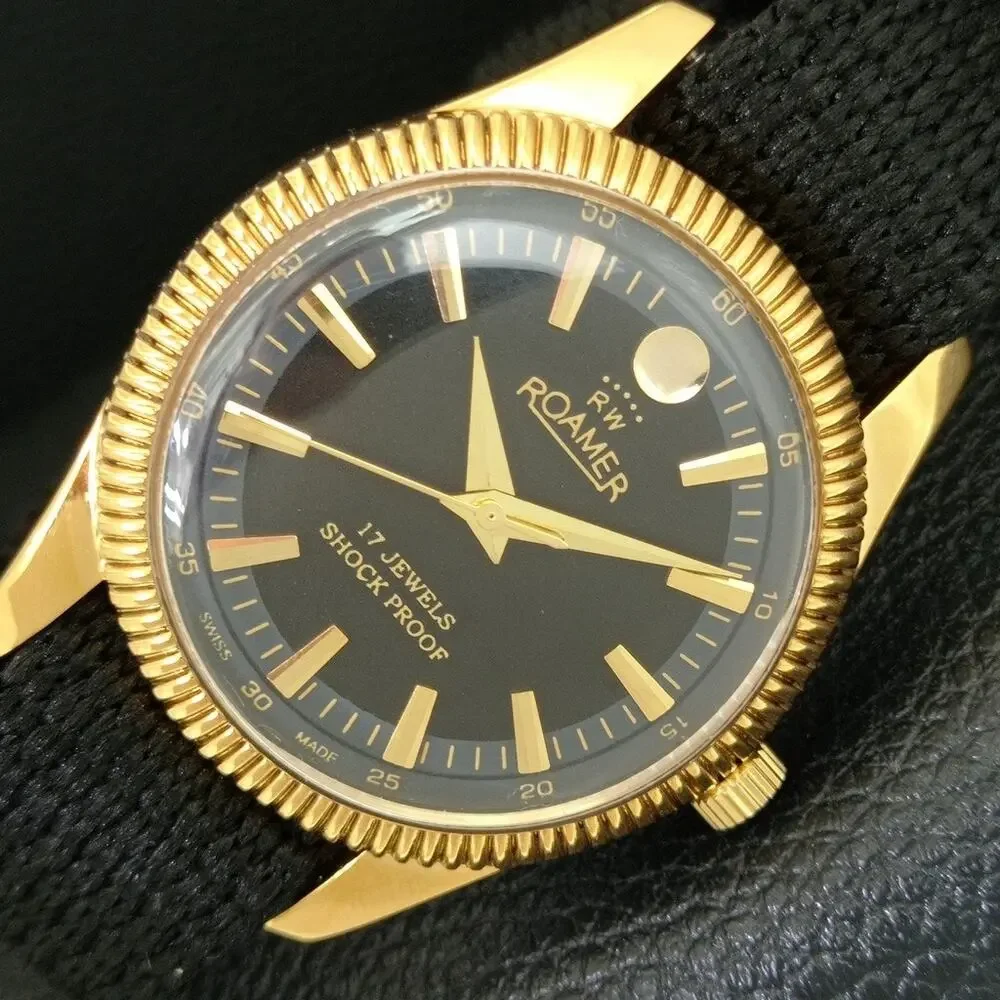 Vintage 1991 Roamer Manual Mens Gold Watch W/Nato Strap & Black accents